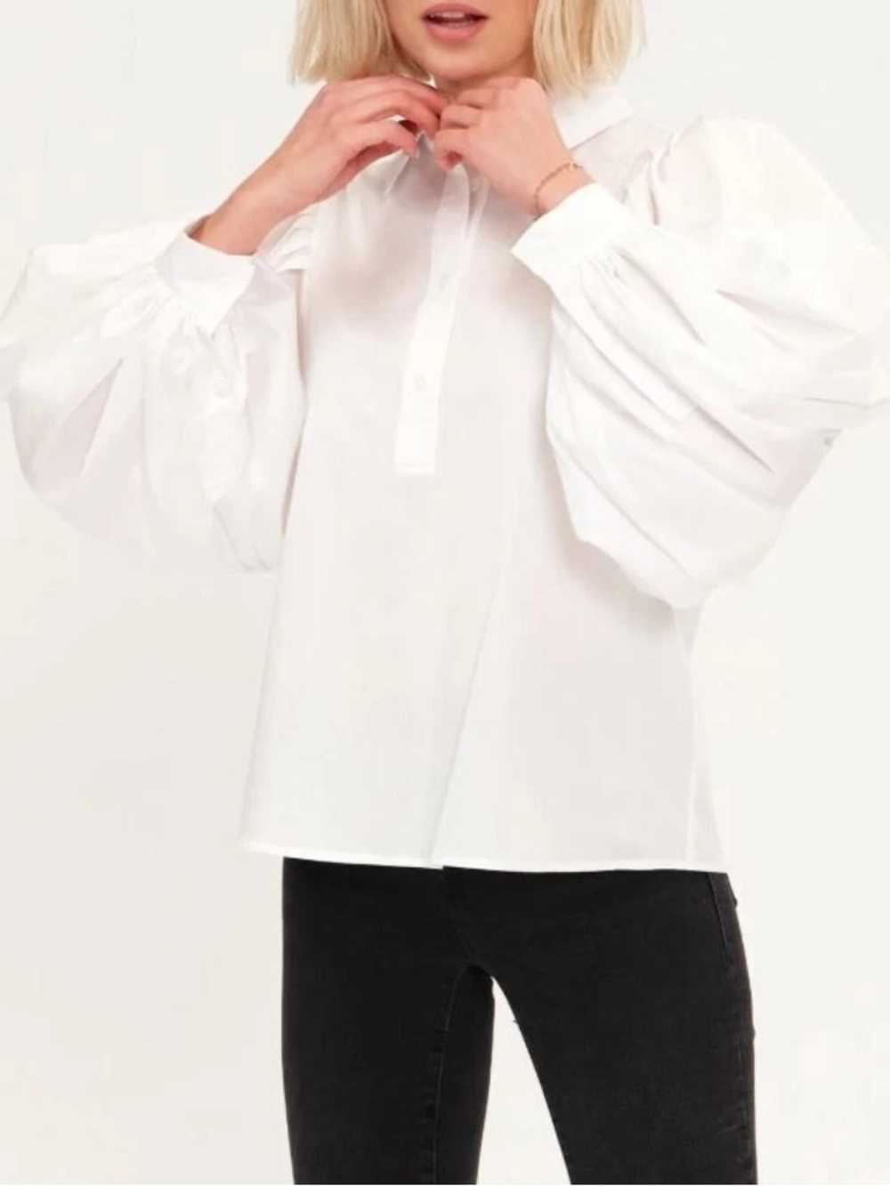 Harshman Lois Popover Dress Shirt Top/Blouse Pleated Shoulder White Size L